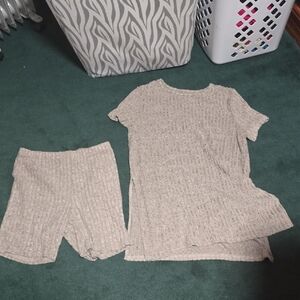 Tan SUPER CUTE Textured SIDE SLITTED Loungewear Set SHEIN